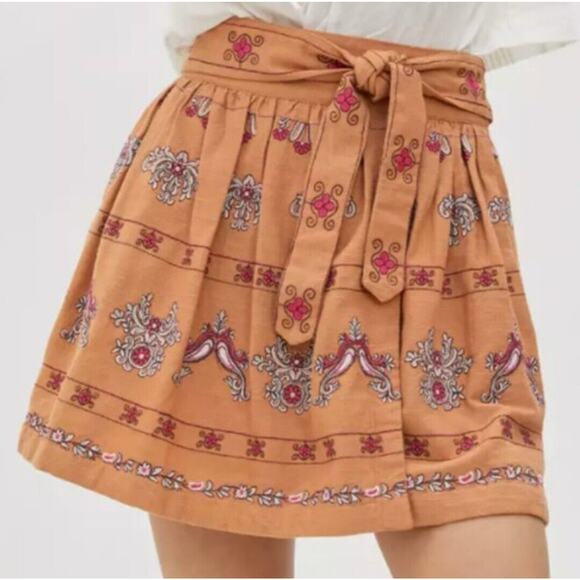 Anthropologie Meghan Embroidered Pocketed Wrap Mini Skirt US Size 10 Boho Indie - Picture 1 of 16